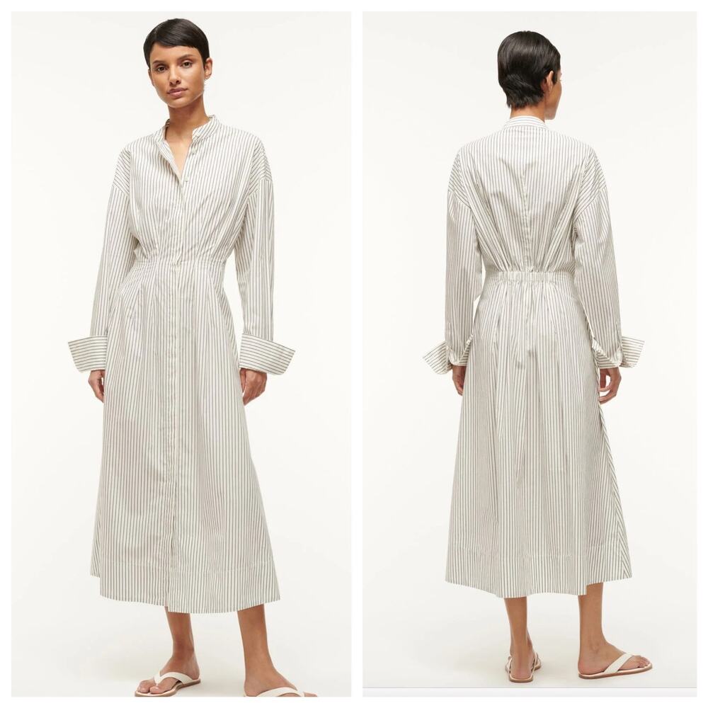 NWT Staud Midi Lorenza Shirt Dress Ivory Micro Stripe M Medium $395